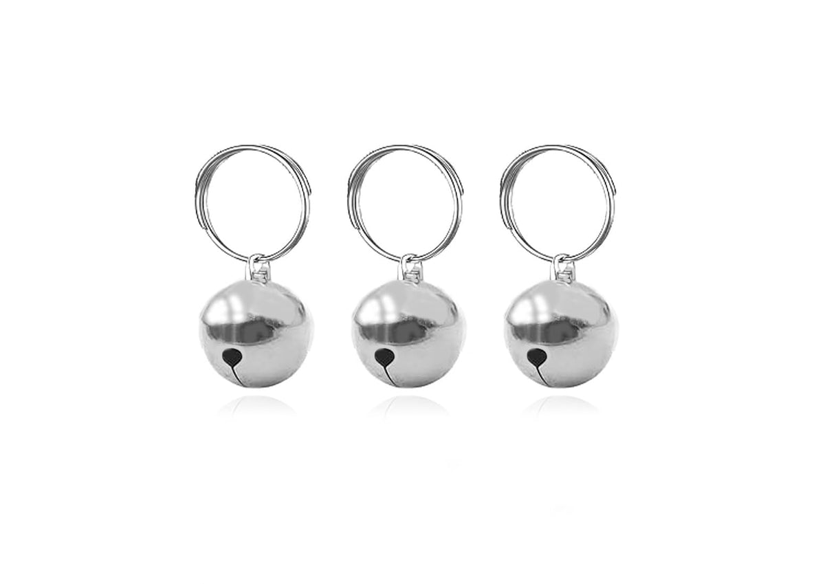 SKYPIA 3-pack pet bells in silver, closeup shows durable stainless steel design