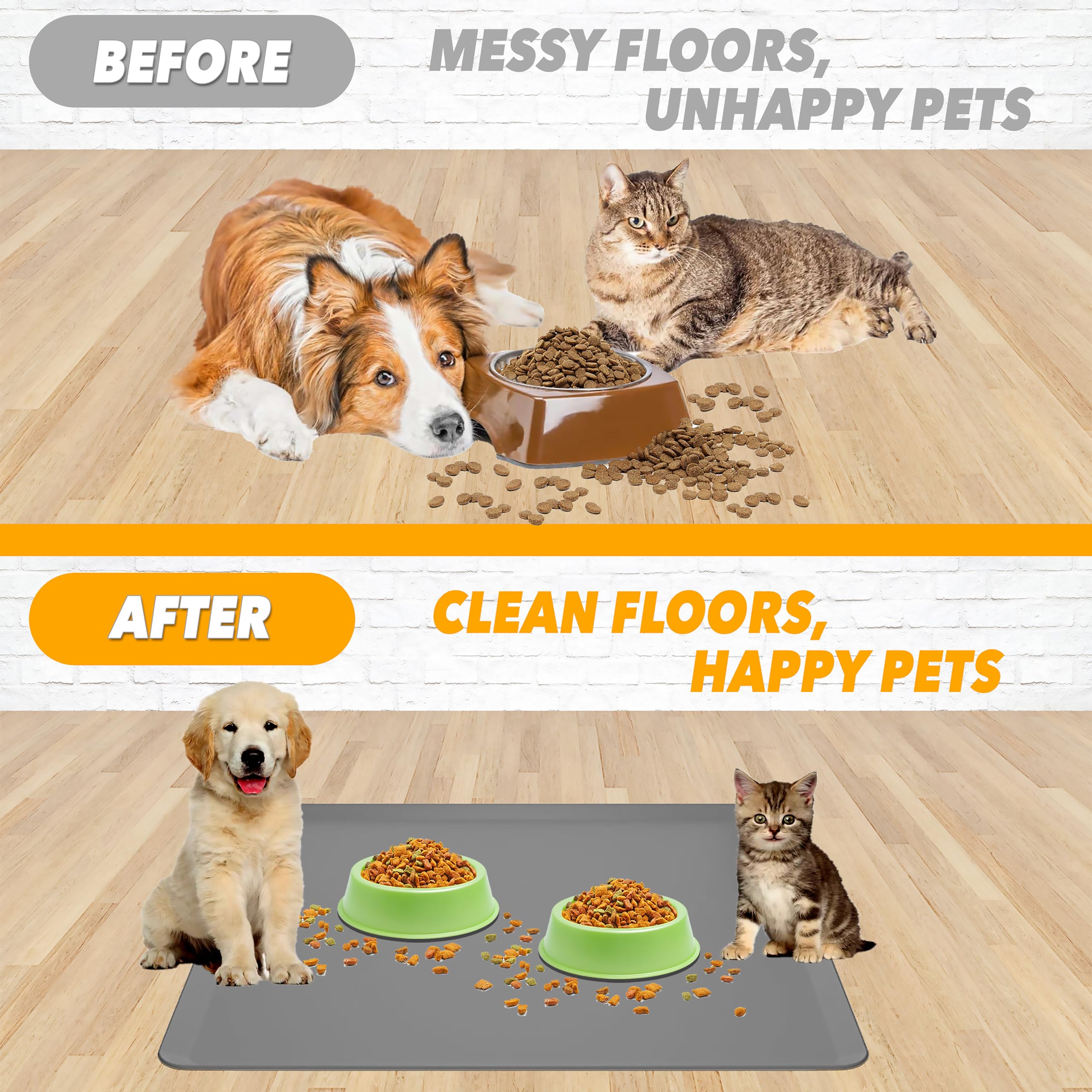 Skywin TidyFriend mat with bowls demonstrates organized feeding area.