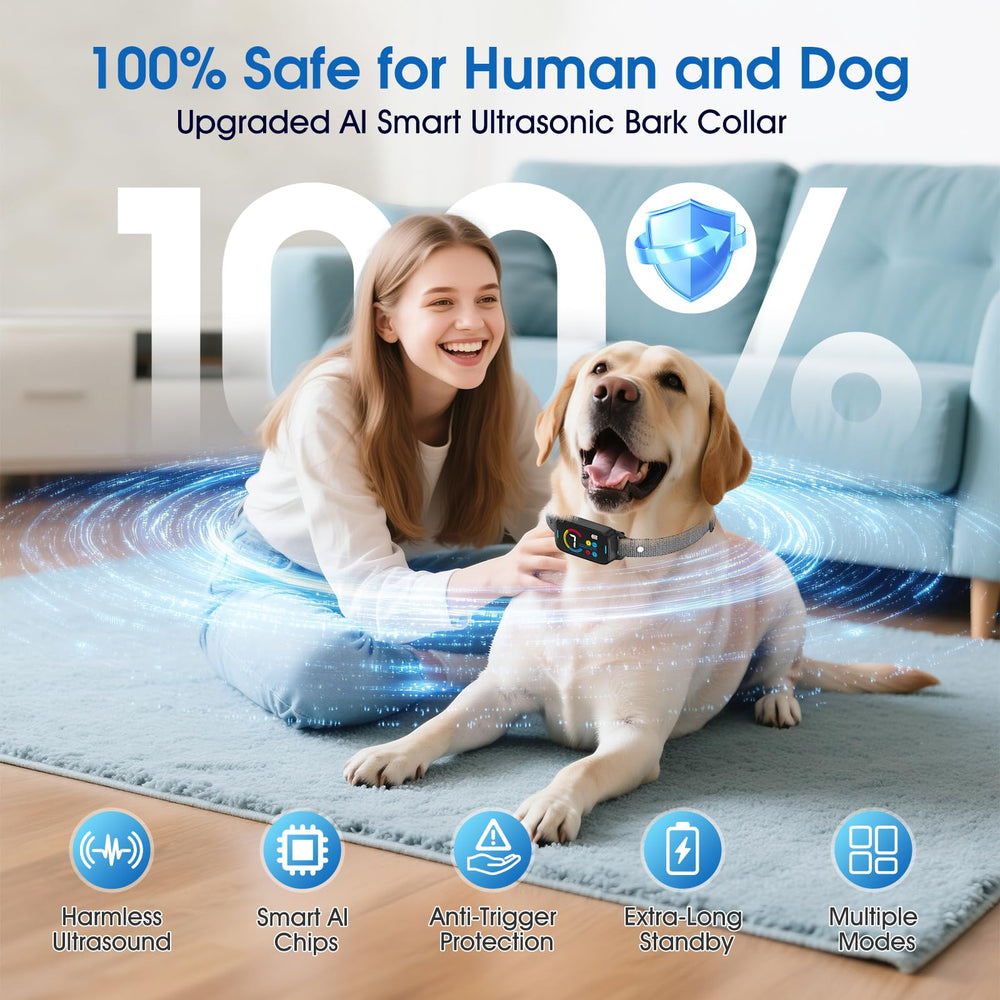 SLAYKAM ultrasonic bark collar closeup buttons shows adjustable 7-sensitivity for tailored training.