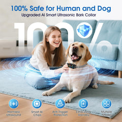 SLAYKAM ultrasonic bark collar closeup buttons shows adjustable 7-sensitivity for tailored training.