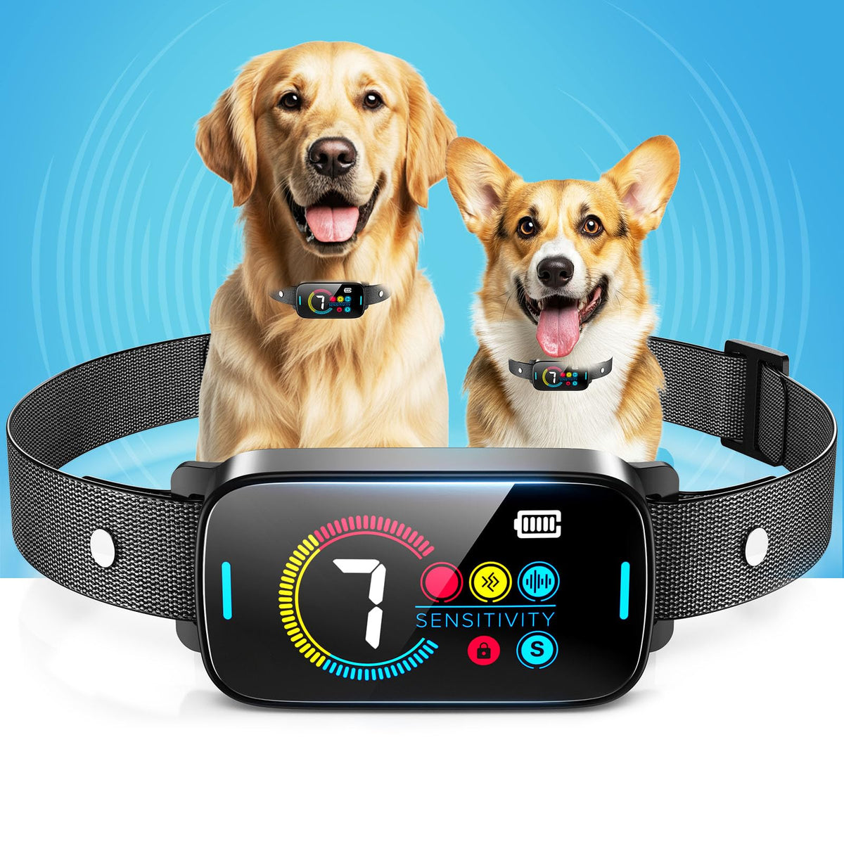 SLAYKAM Ultrasonic Bark Collar main image highlighting its sleek design for calm barking control