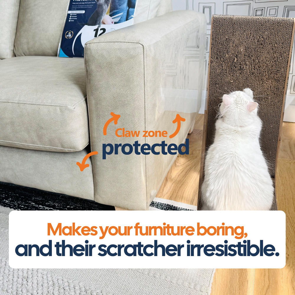 Sleek Guards cat-scratch deterrent sheets guard the sofa from sharp claws during playtime.