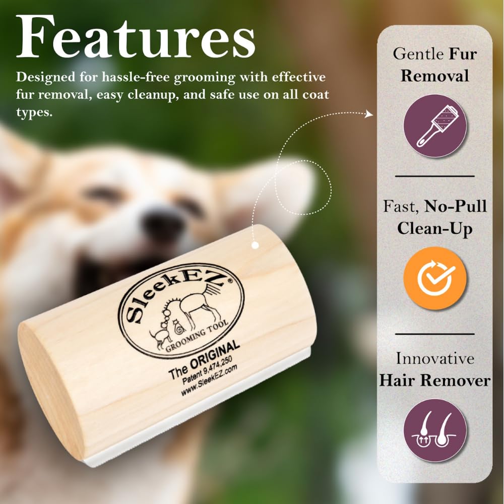 SleekEZ dog brush on fur demonstrates efficient removal of loose hairs.