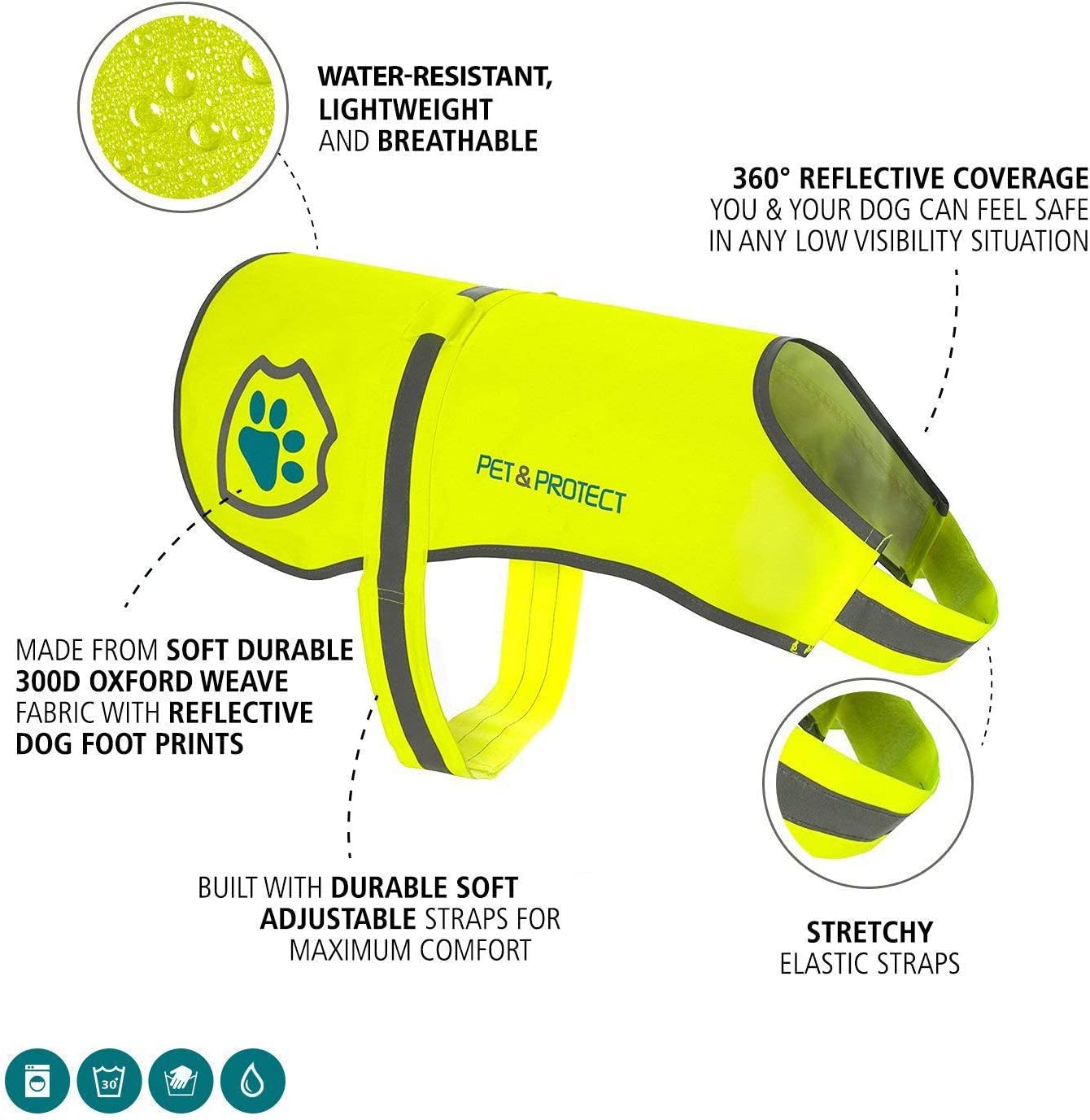 Slip Doctors Reflective Dog Vest in rain shows water repellency and high visibility.