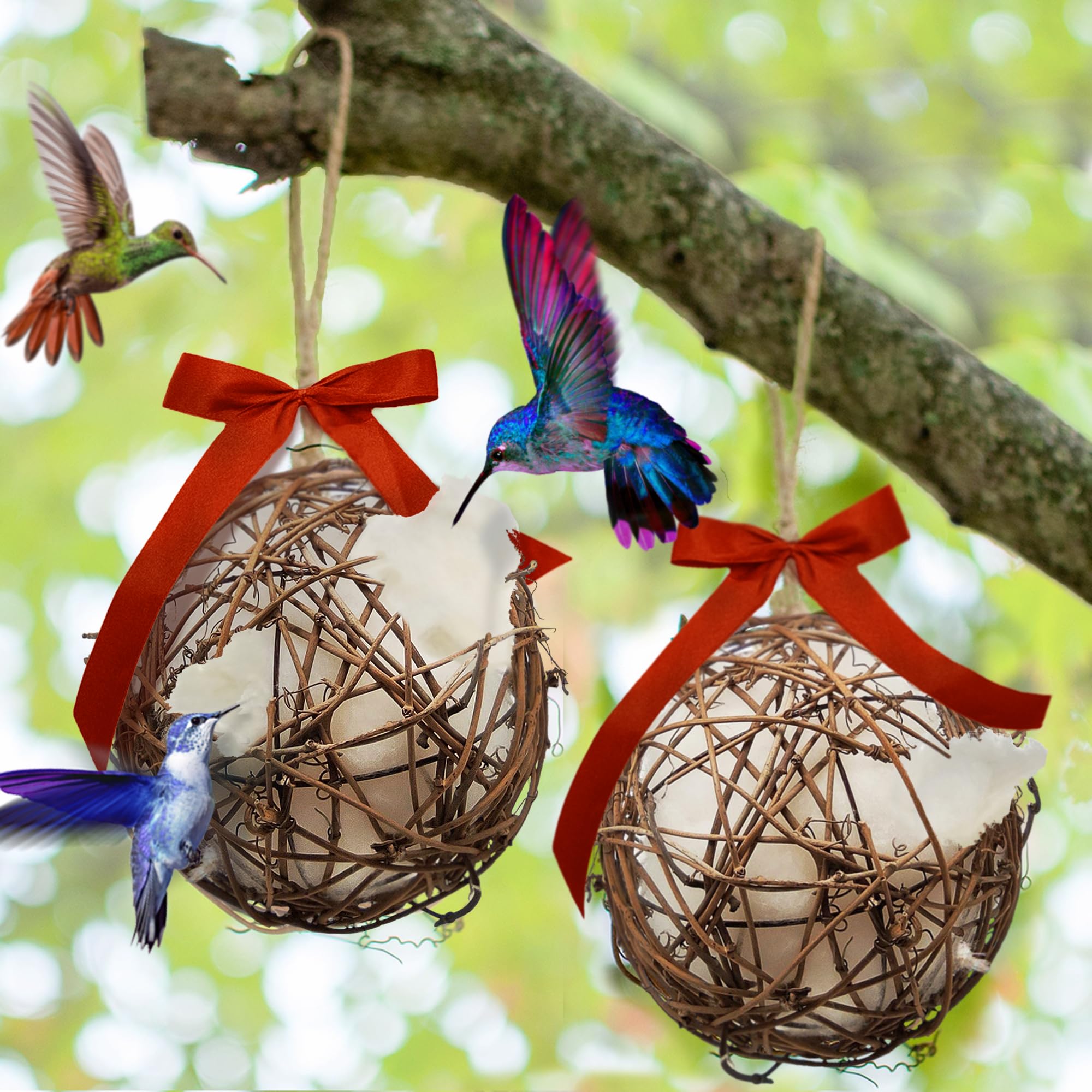 Slivche Hummingbird Nesters ball hanging setup attracts hummingbirds for backyard birdwatching