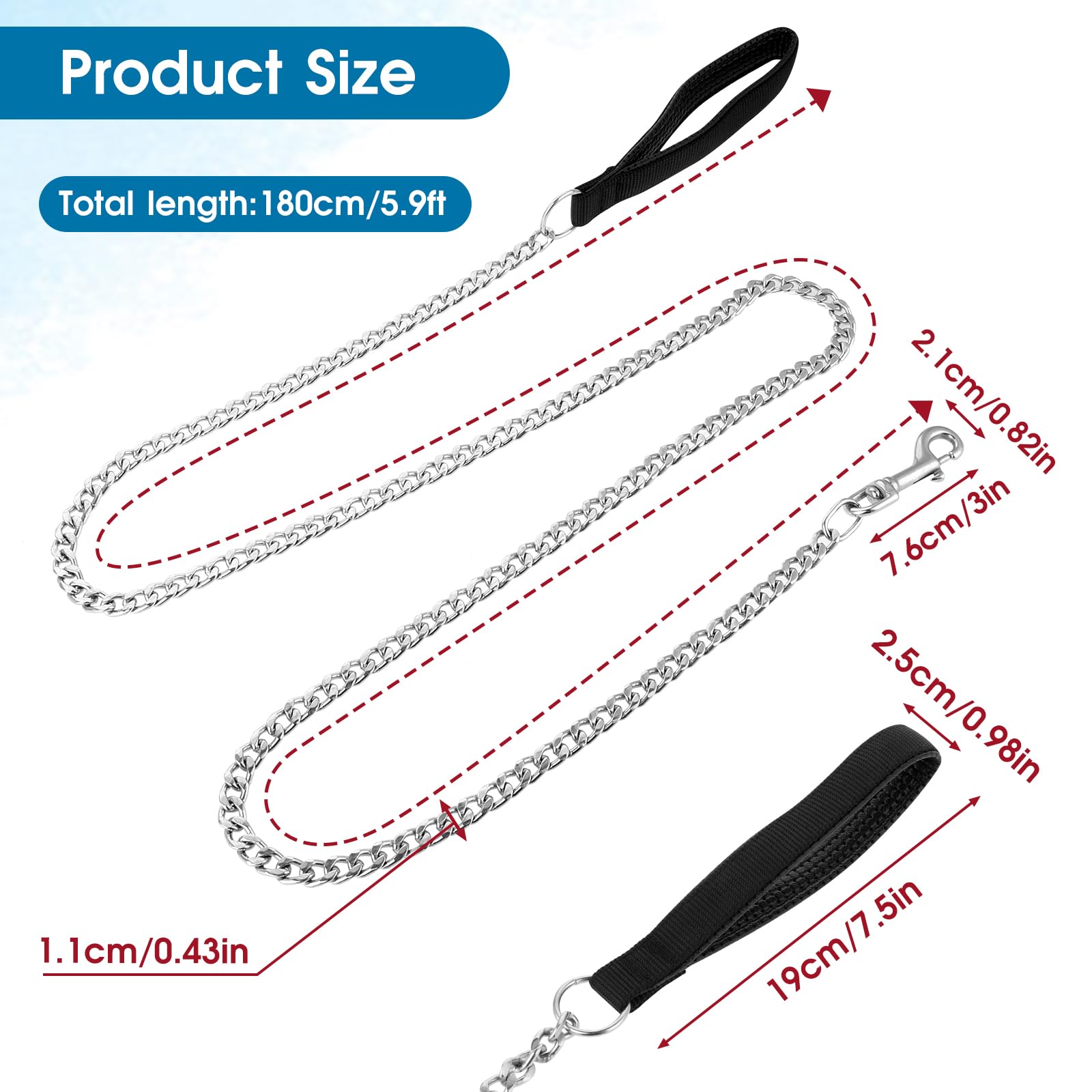 Sliverdew stainless steel dog leash with 3mm chain and strong swivel clip