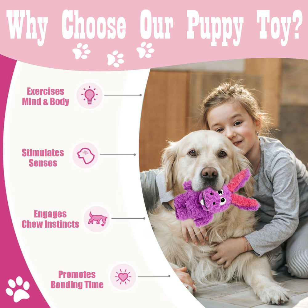 SLIWOWO donkey squeaky toy purple plush is gentle on gums and suitable for teething.