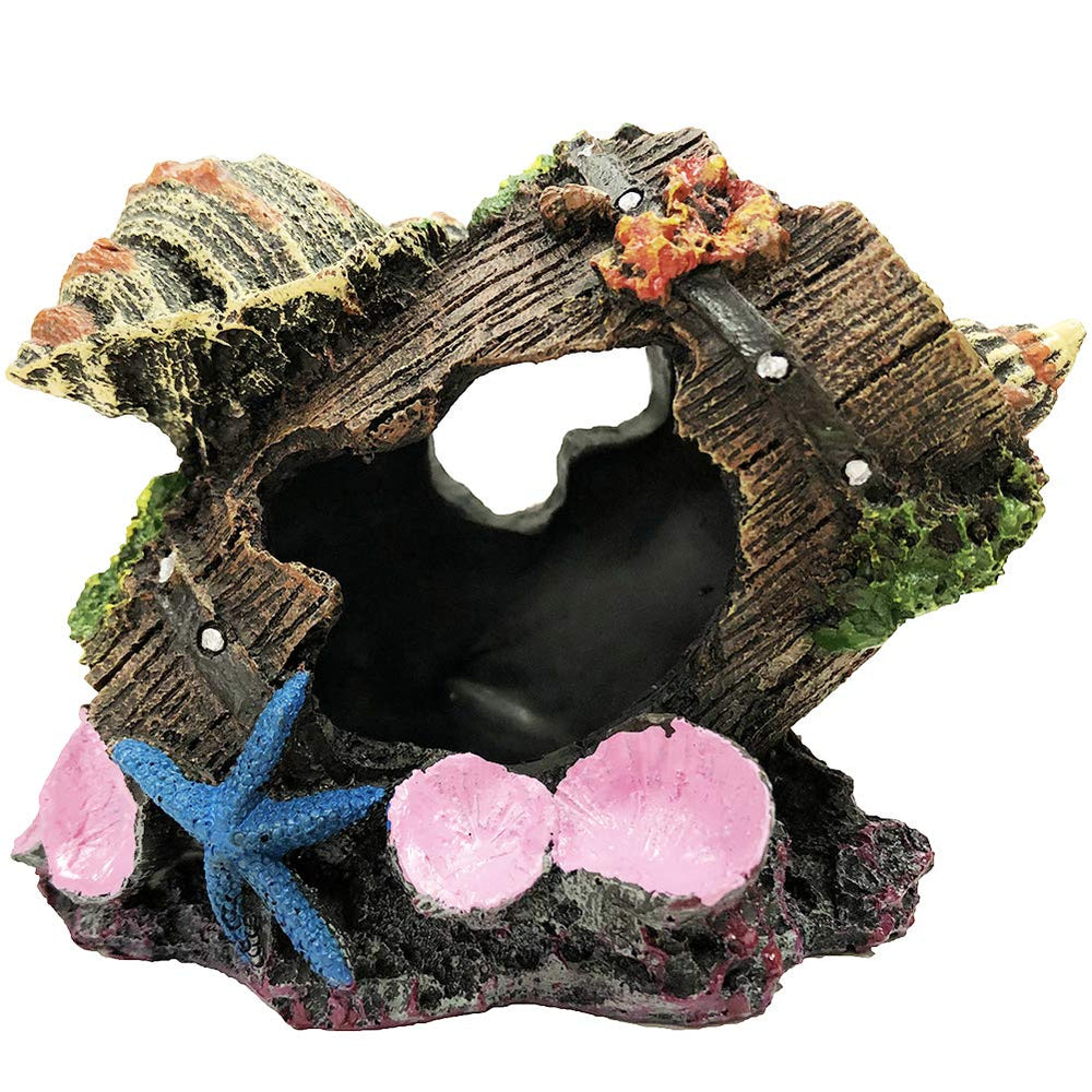 SLOCME broken-barrel-conch-ornament front view enhances natural aquarium habitat for fish.