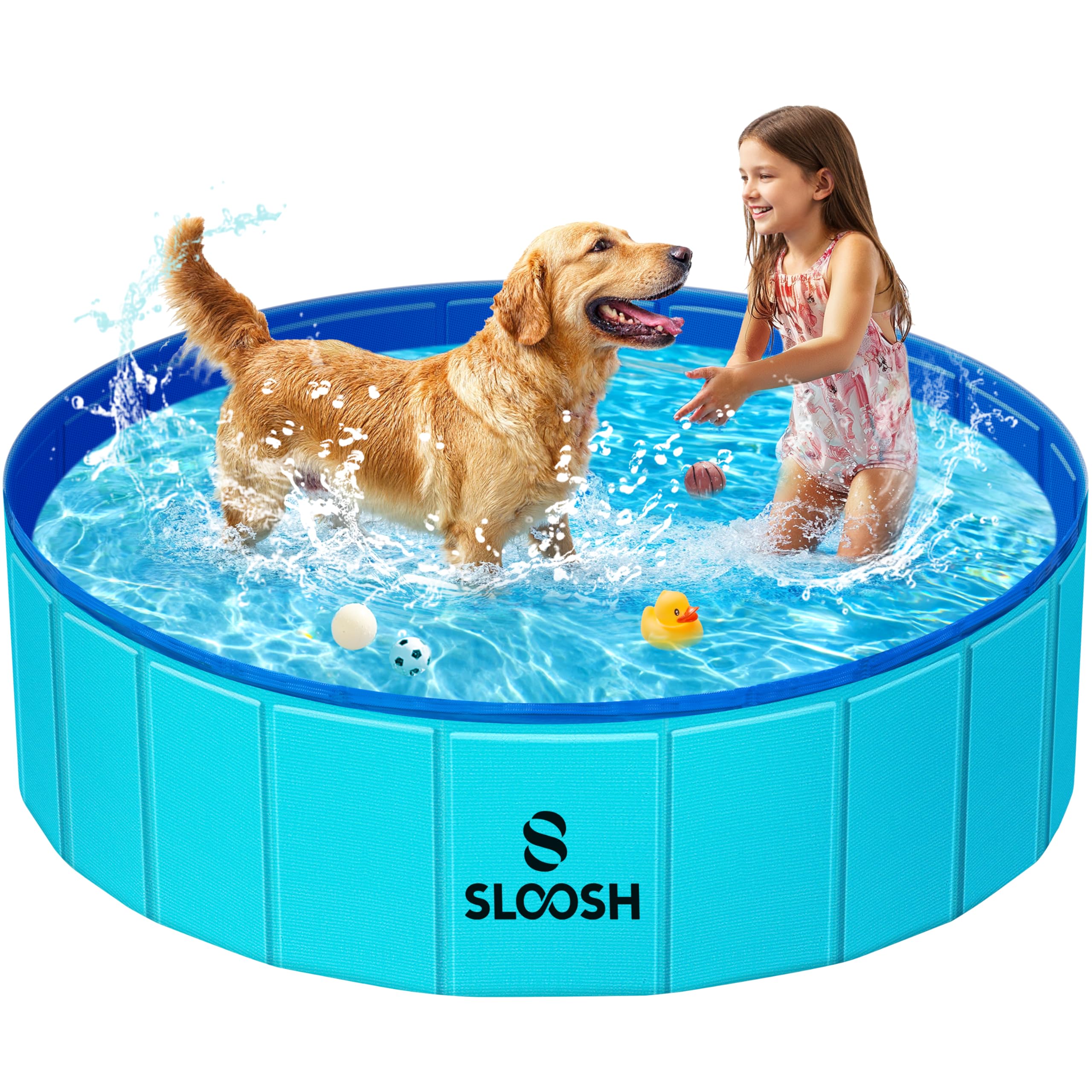 Sloosh foldable dog pool front view shows sturdy 48x12 inch design for backyard play