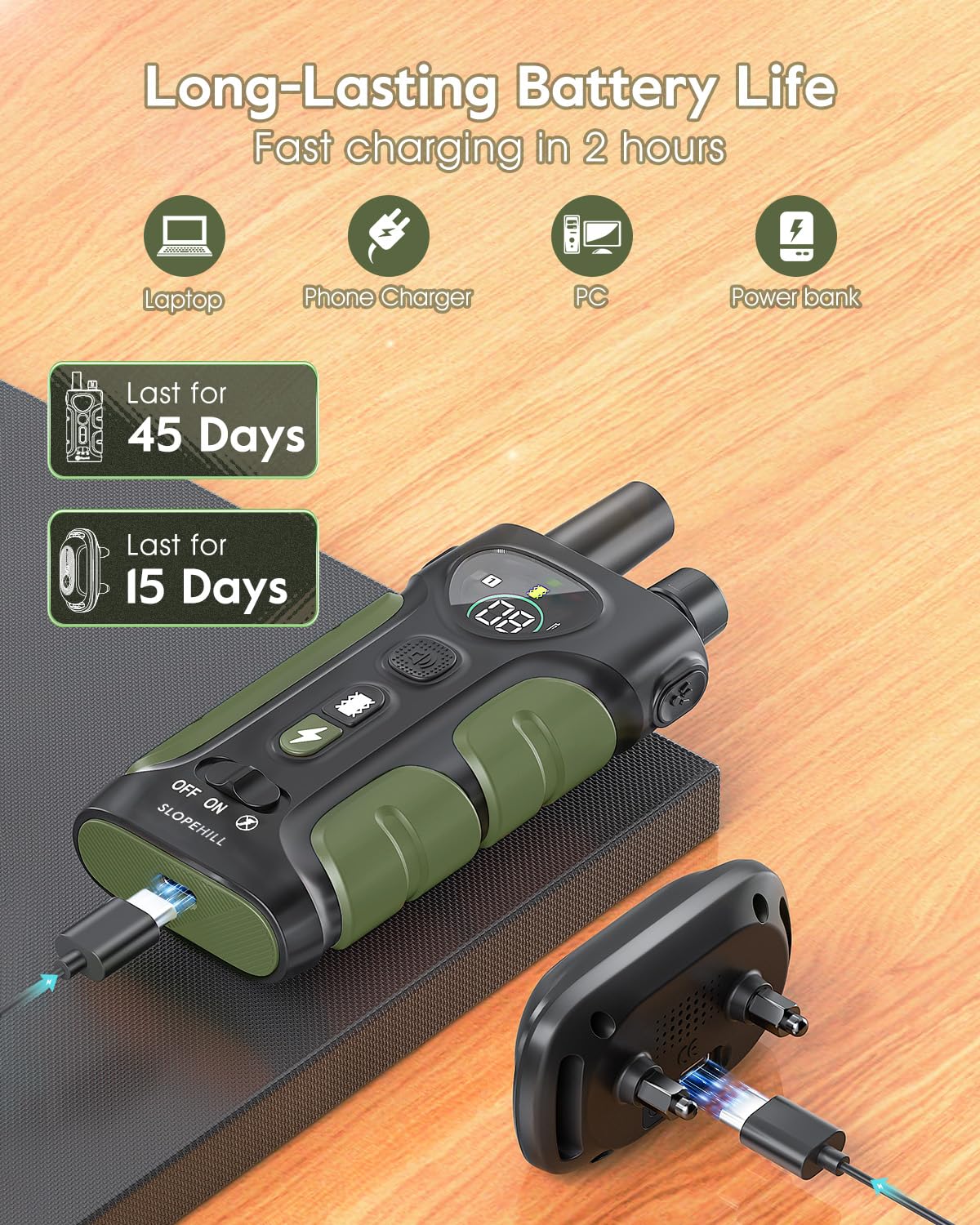 SLOPEHILL rechargeable battery system powers remote and receiver.