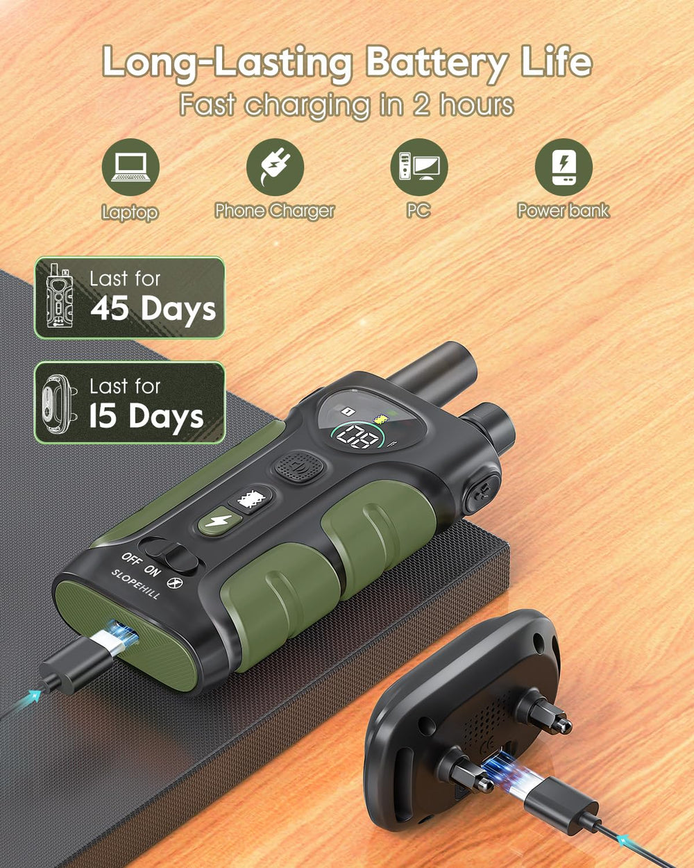 SLOPEHILL rechargeable battery system powers remote and receiver.