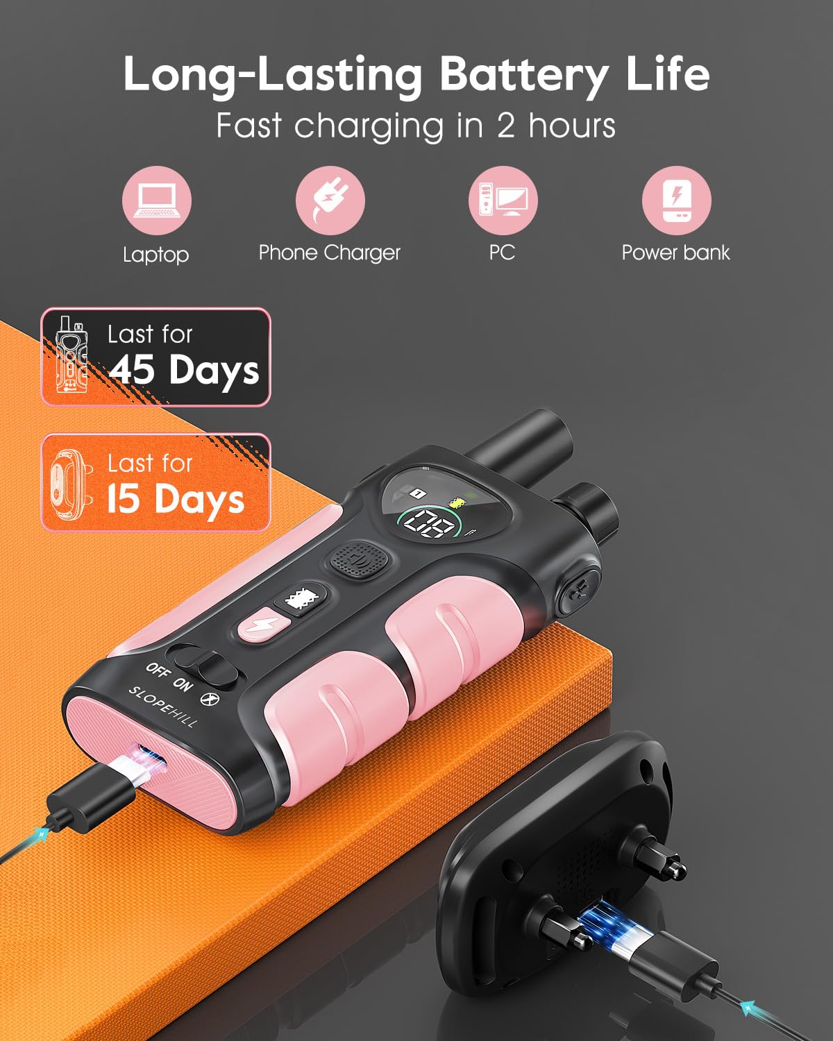 SLOPEHILL rechargeable dog collar battery keeps training sessions powered for days.