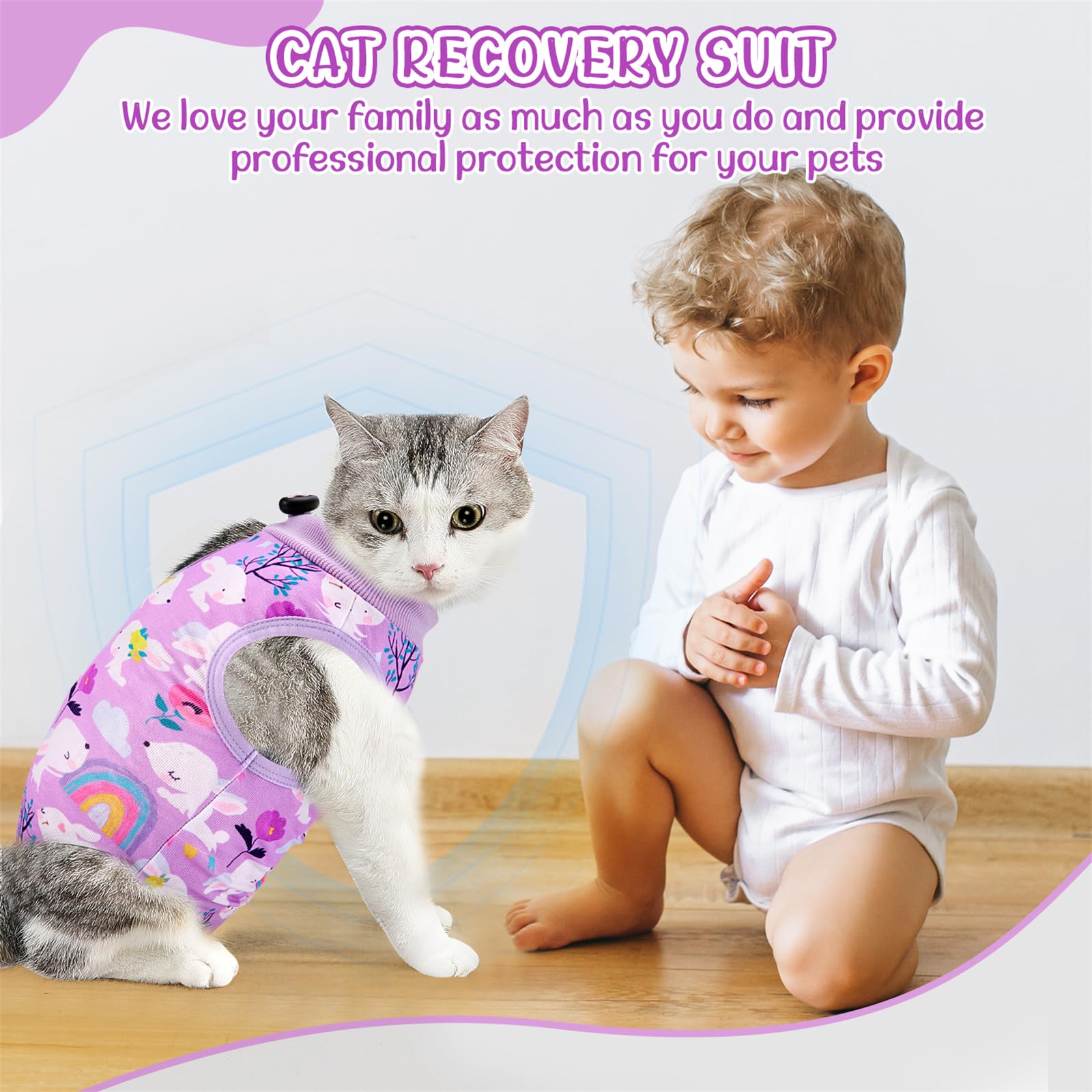 SlowTon recovery suit enables cat to eat and rest comfortably.