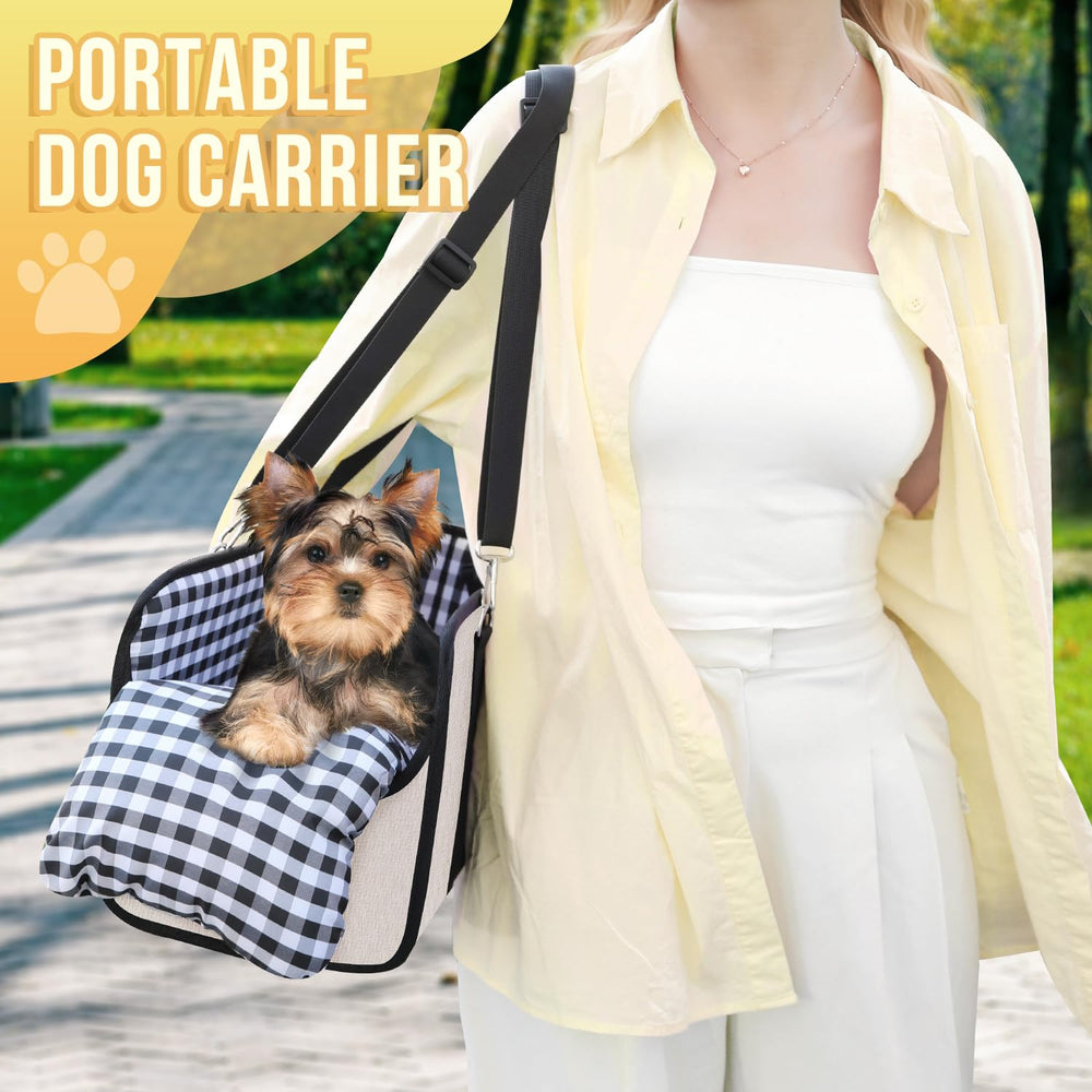 SlowTon Console Dog Seat beige carry-shoulder-bag lets you travel hands-free.