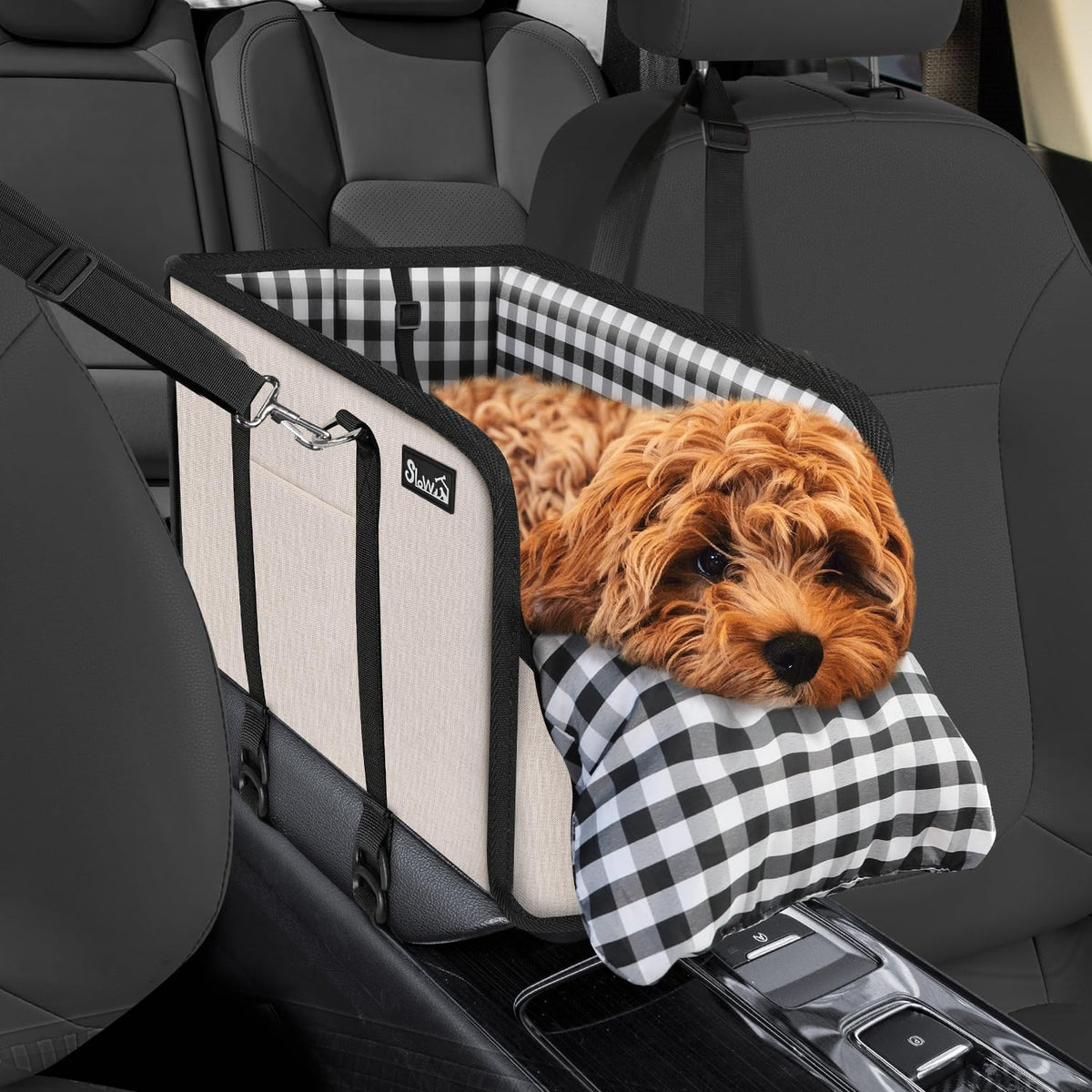 SlowTon Console Dog Seat beige front view shows a compact booster for small dogs on car rides.