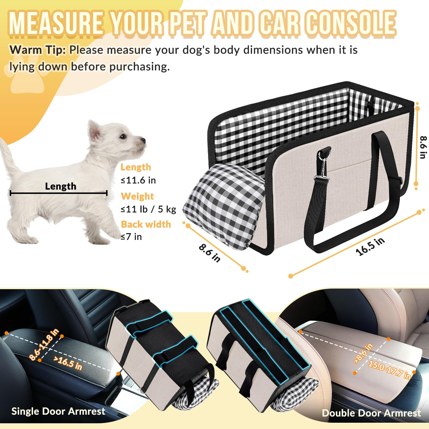 SlowTon Console Dog Seat beige side straps with hooks secure to car seats during trips.
