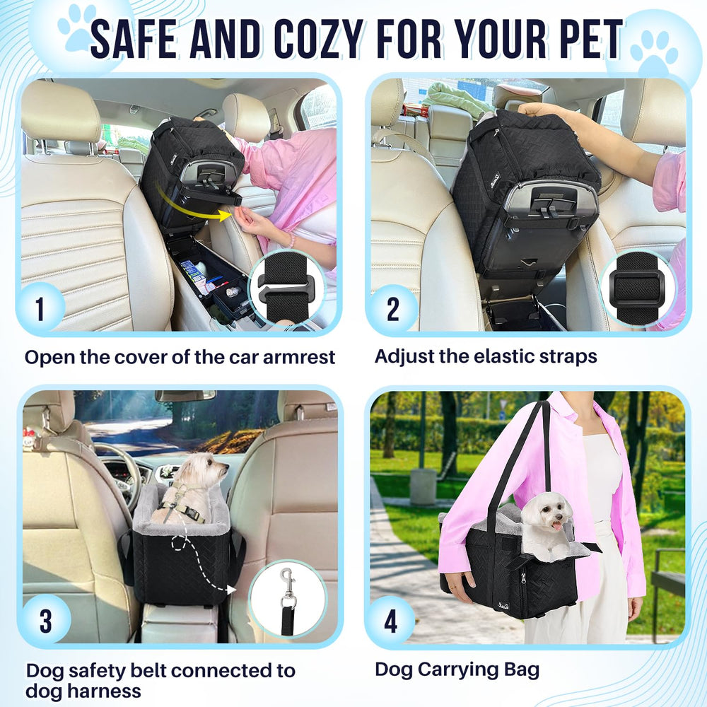 SlowTon Console Dog Seat bottom straps demonstrate universal car fit.