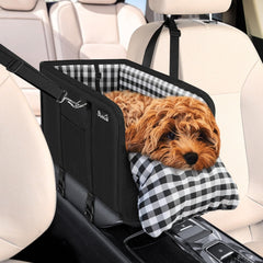 SlowTon Console Dog Seat left view demonstrates secure strap setup for steady rides.