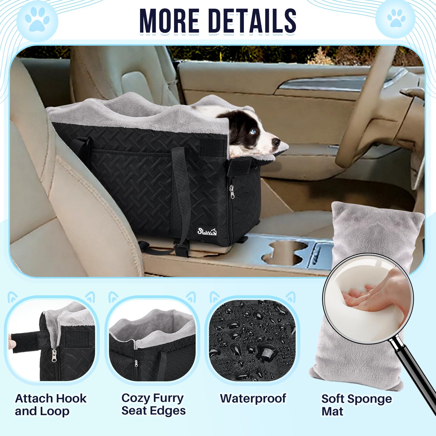 SlowTon Console Dog Seat adjustable pillow offers better view.