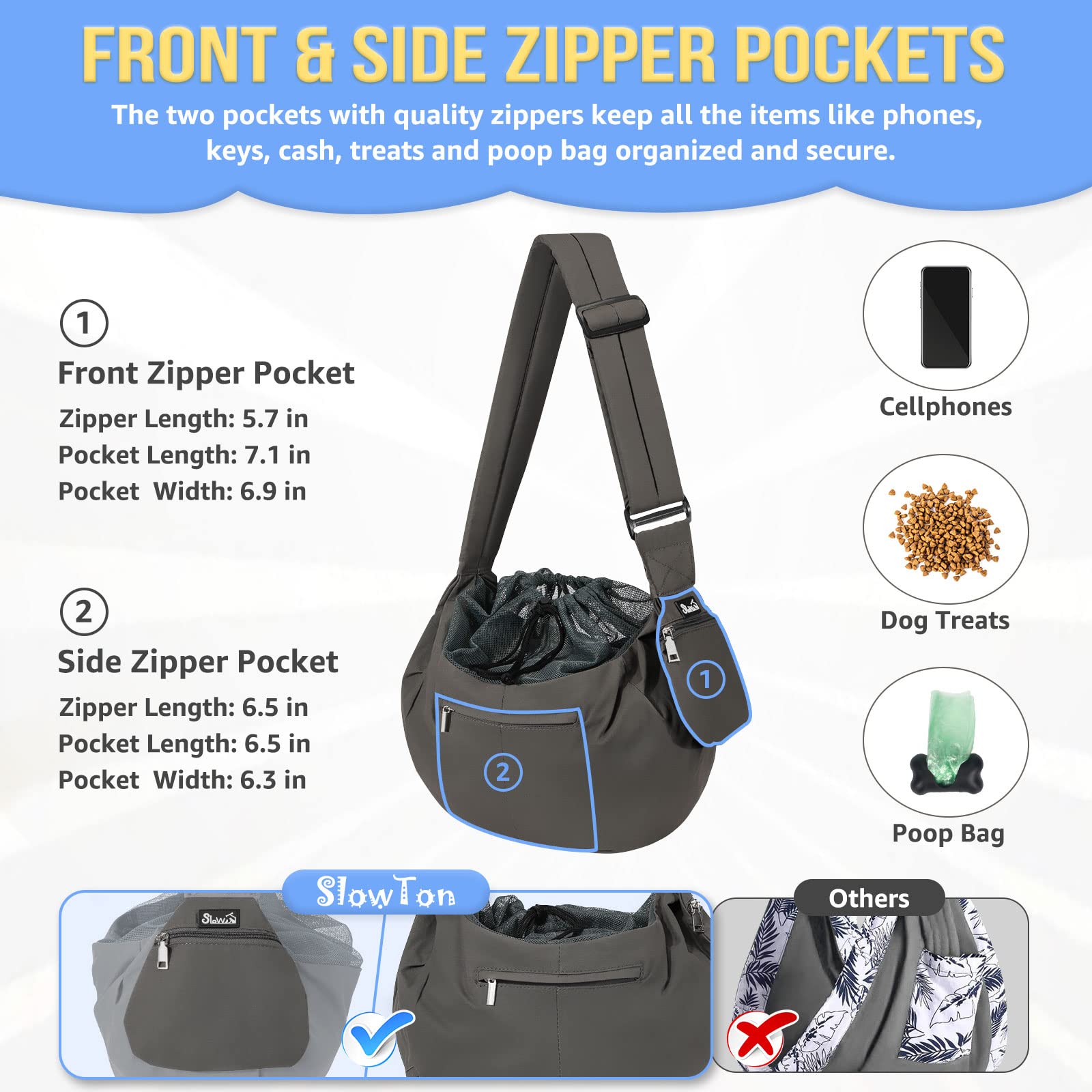 SlowTon dog carrier sling front pocket offering convenient storage for treats and essentials