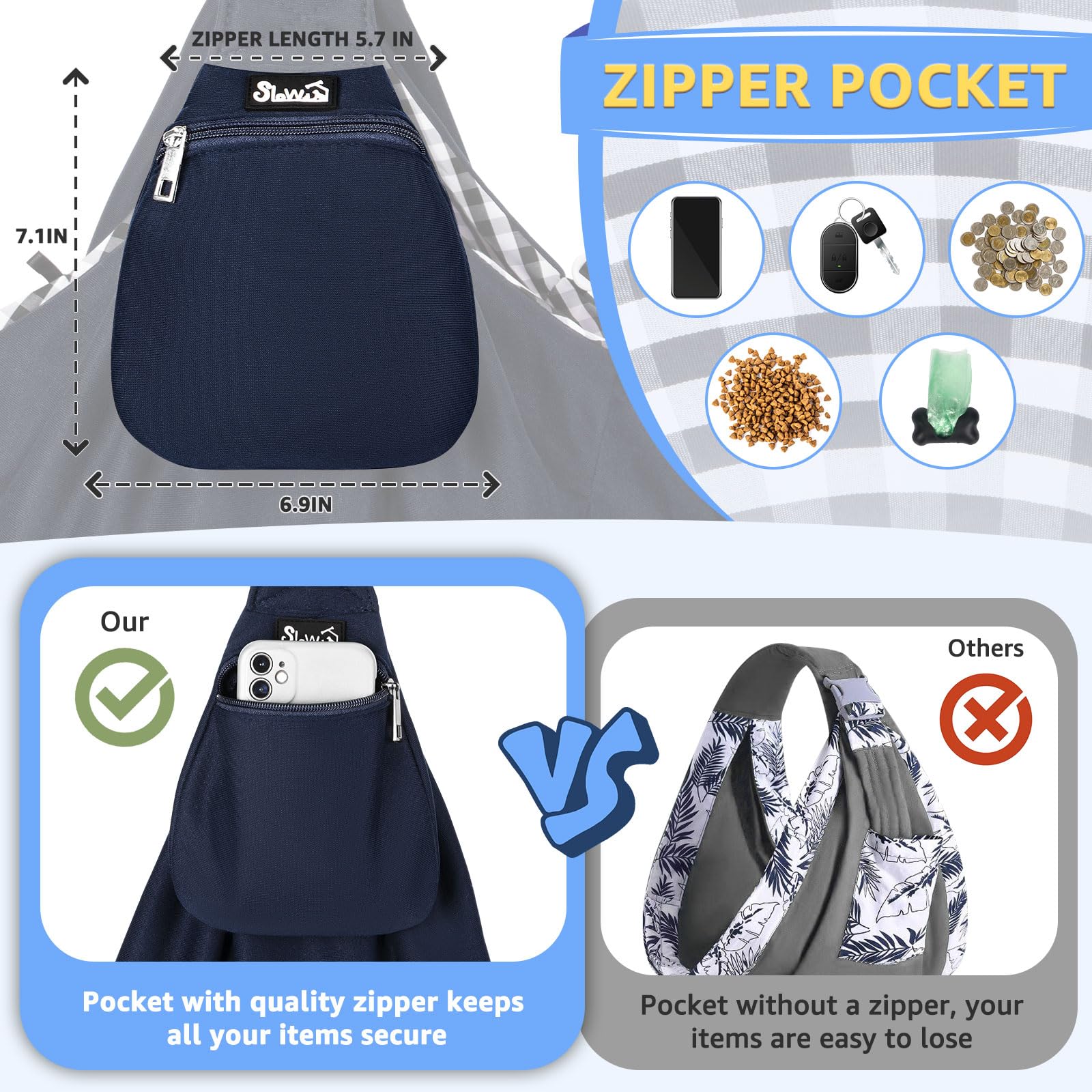 Front pocket of SlowTon sling ideal for treats, keys, or wallet.