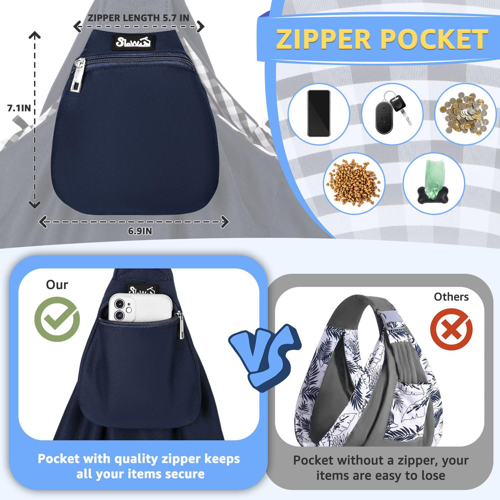 Front pocket of SlowTon sling ideal for treats, keys, or wallet.