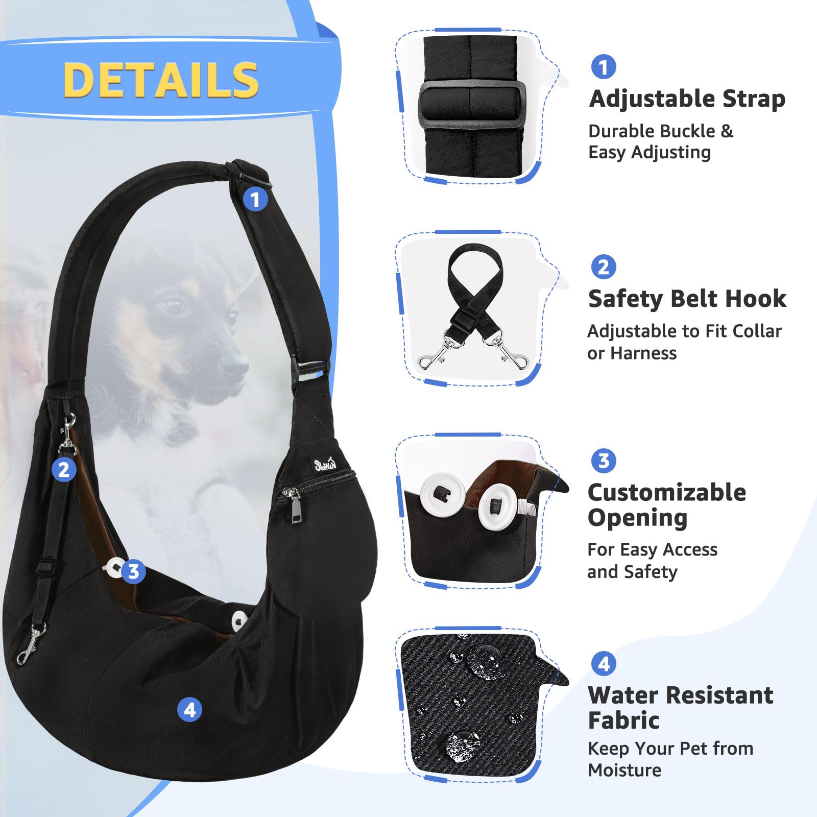 SlowTon dog carrier sling front pocket view emphasizes convenient front zipper for essentials