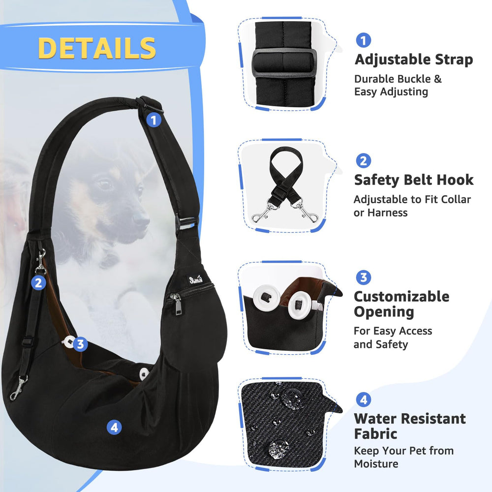 SlowTon dog carrier sling front pocket view emphasizes convenient front zipper for essentials