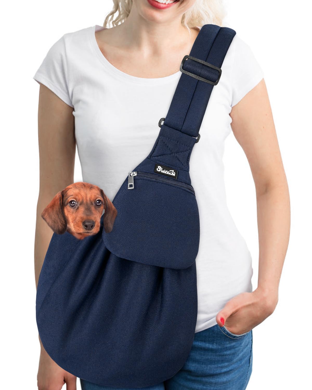 SlowTon dog carrier sling with padded shoulder strap for comfortable daily walks.