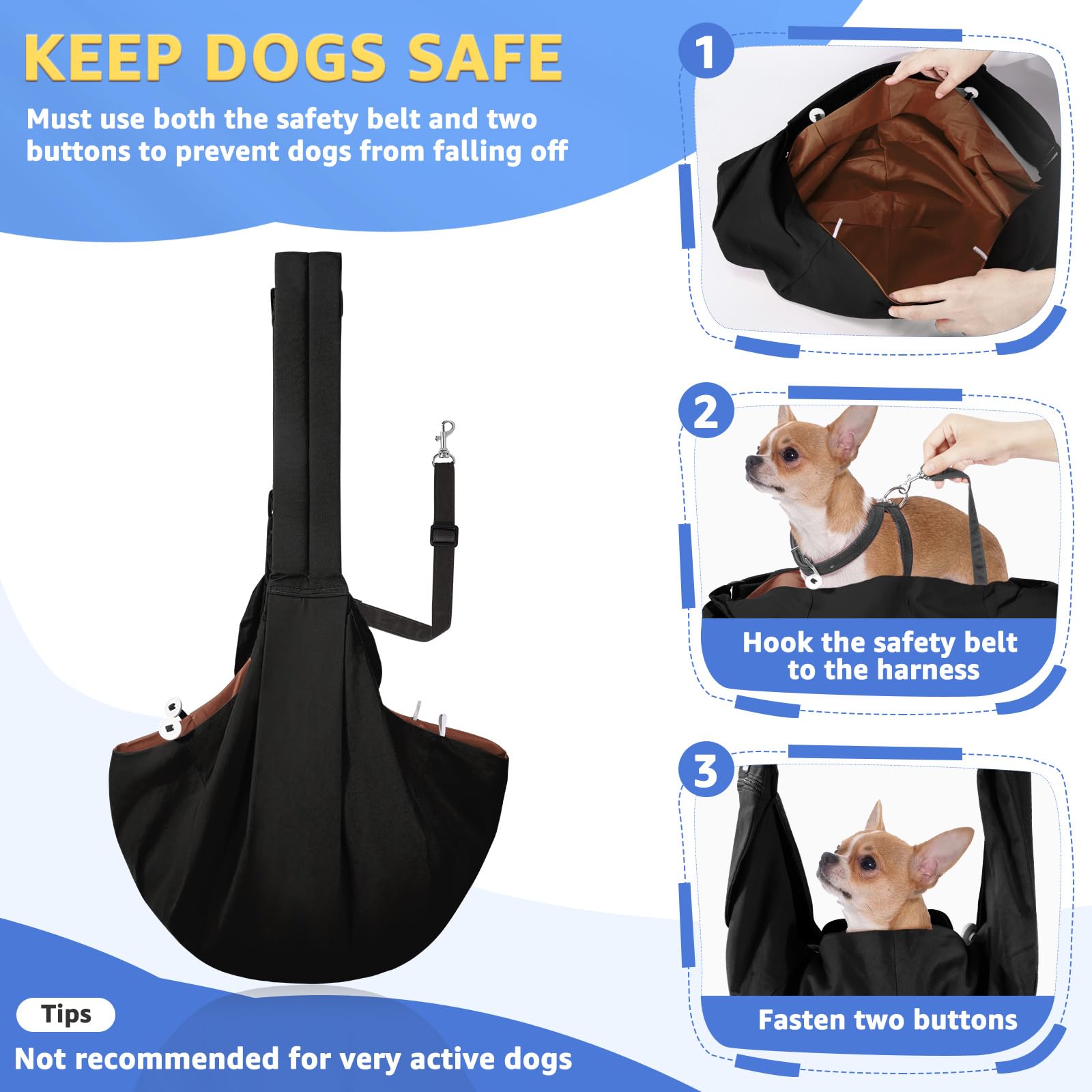 SlowTon sling safety-clip view shows pet safety hook and dual buttons to prevent escapes