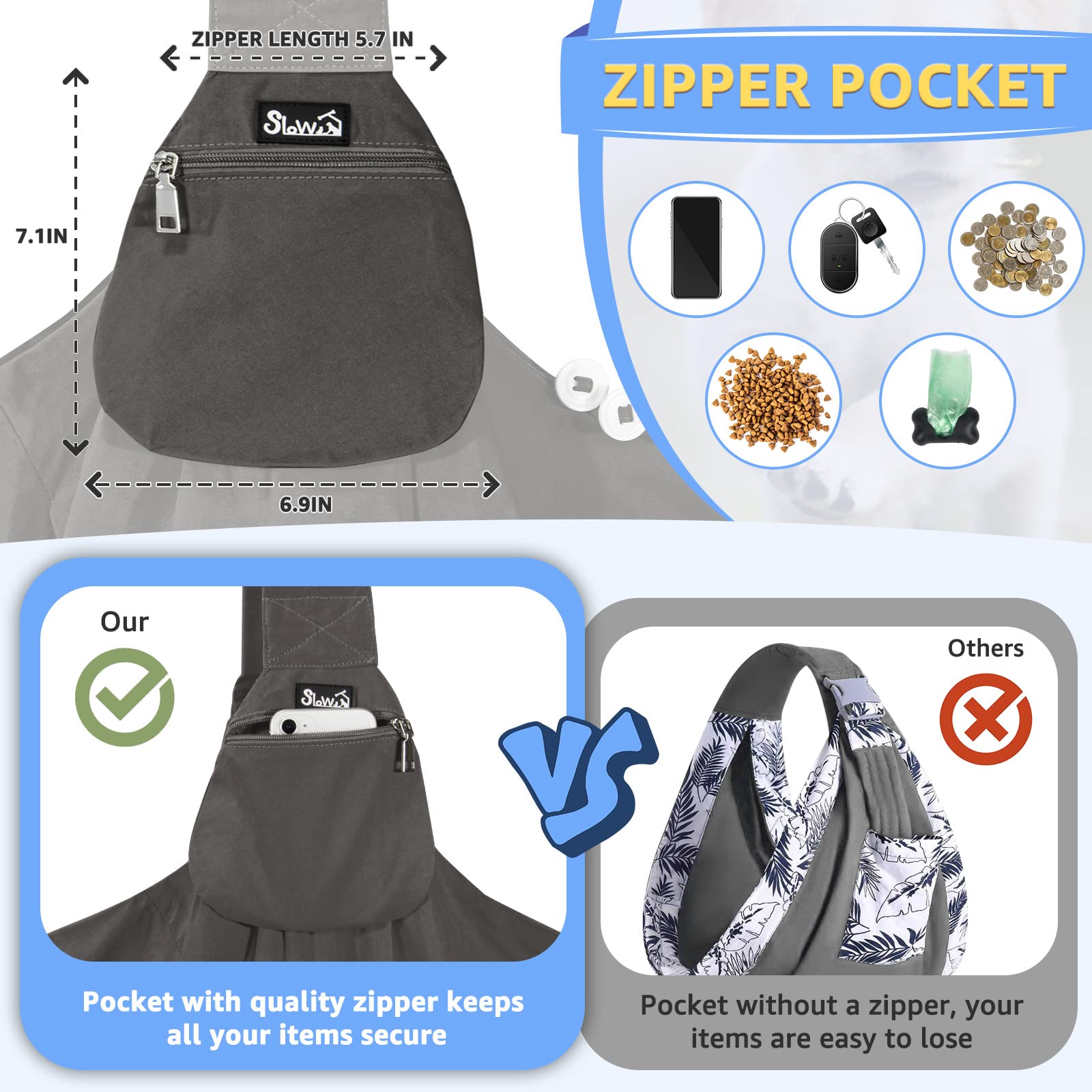 SlowTon carrier sling safety hook and secure opening prevent pet escapes