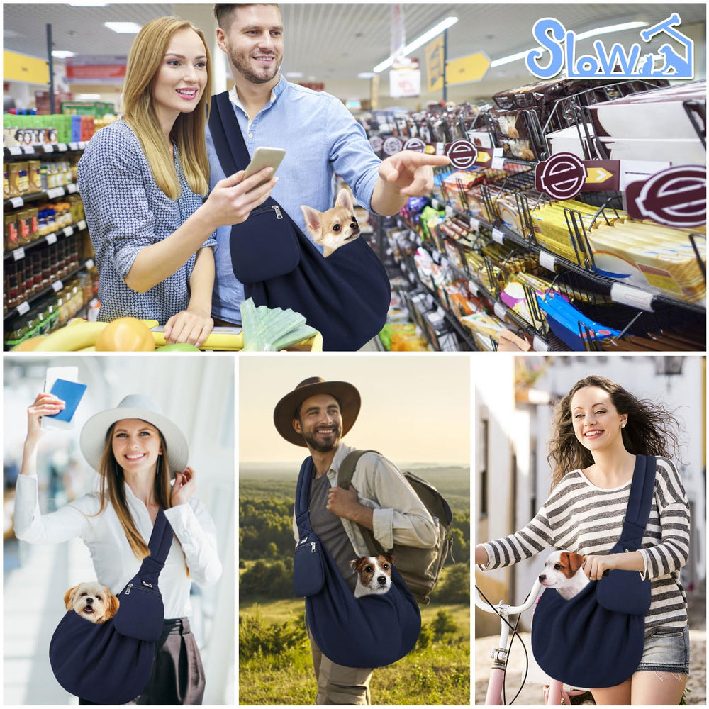 Small pets up to 13 lbs fit in SlowTon sling comfortably.