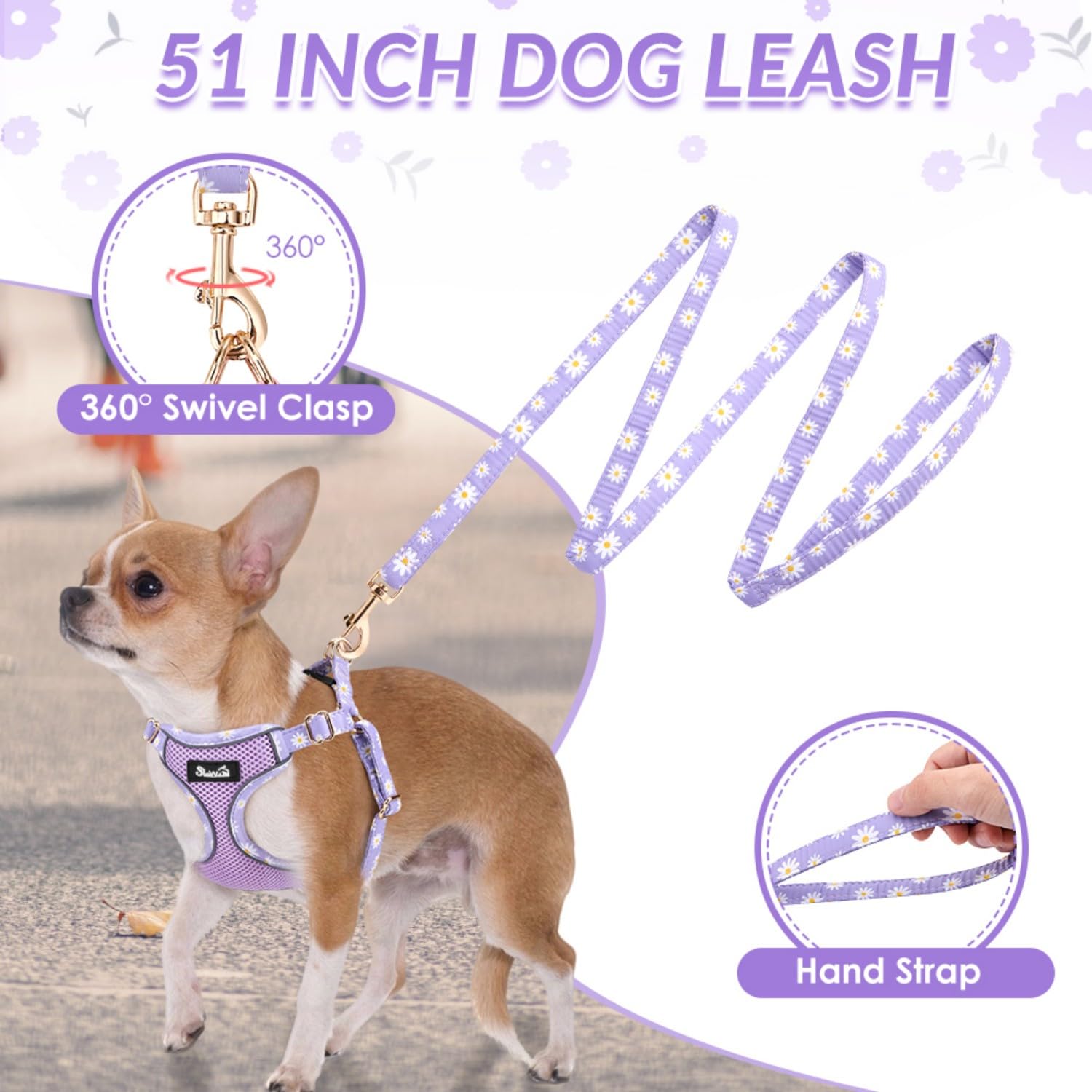 SlowTon leash set with daisy pattern suggests stylish, tangle-free walking companion.