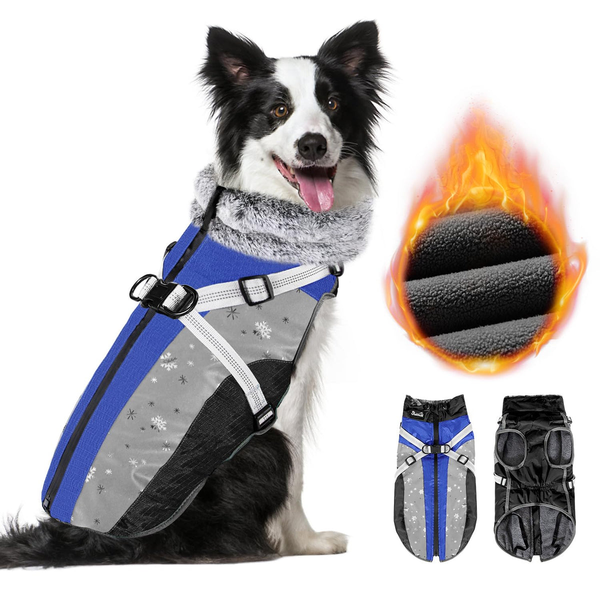 SlowTon dog jacket blue front view shows warm fleece and water resistance for cold walks.