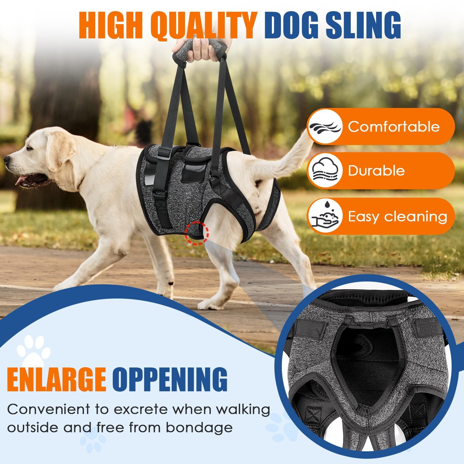 SlowTon Dog Lift Harness leg-loop close-up illustrates hind-leg support during assisted movement.