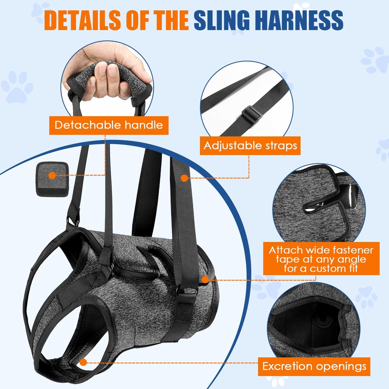 SlowTon Dog Lift Harness side view shows adjustable straps and detachable handle for caregiver comfort.