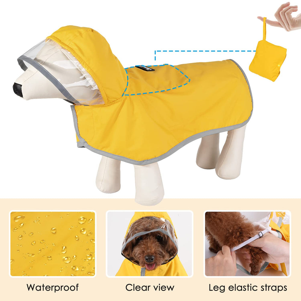 SlowTon dog raincoat adjustable-straps view demonstrates secure, comfortable fit.