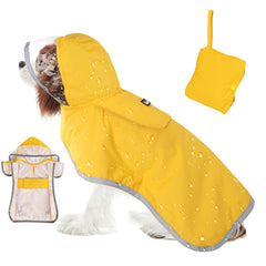 SlowTon dog raincoat back view demonstrates full-body waterproof protection during rainy walks.