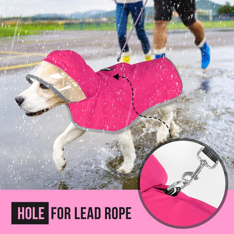 SlowTon dog raincoat worn by a dog outdoors in rain for protection.