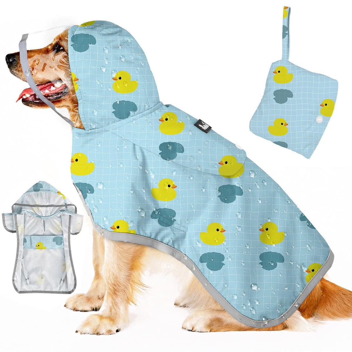 SlowTon dog raincoat front view shows full coverage for rainy walks