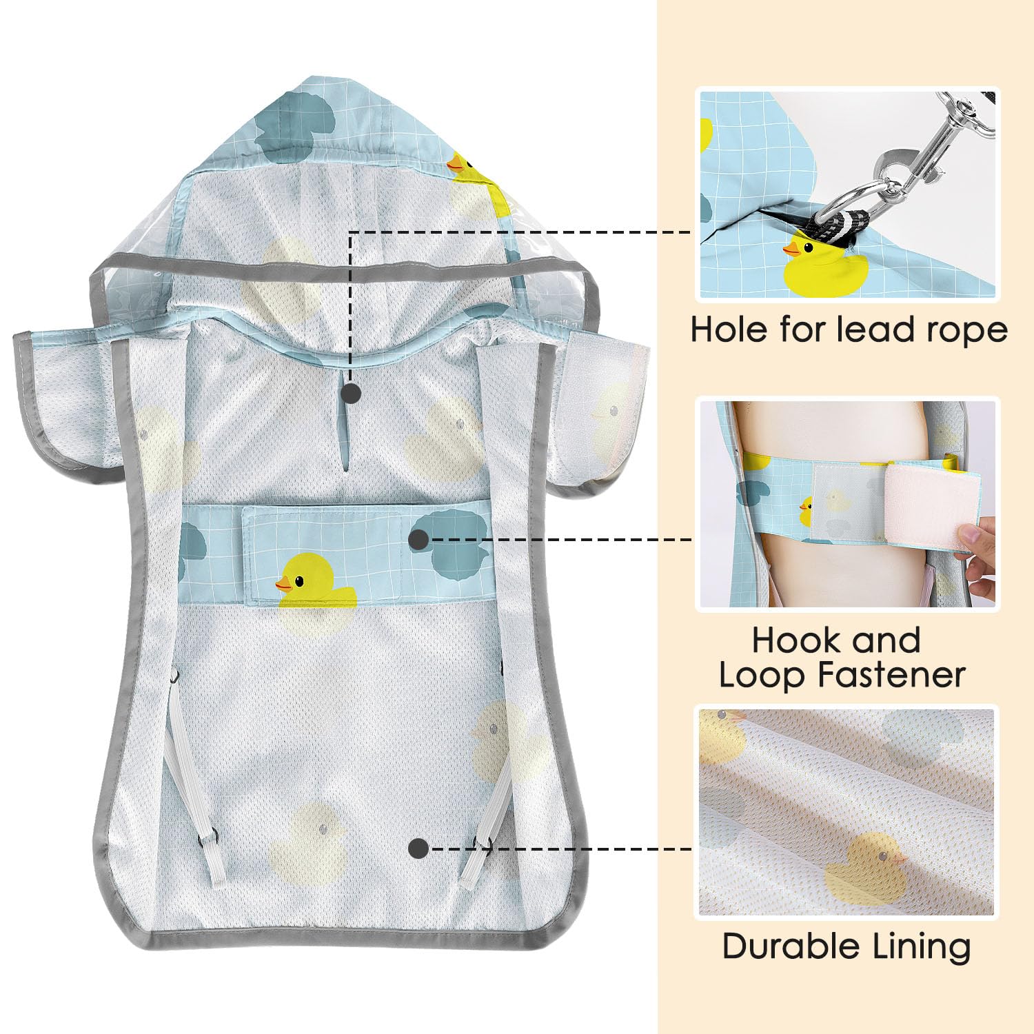 SlowTon dog raincoat pocket-leash-hole allows easy leash access and storage.