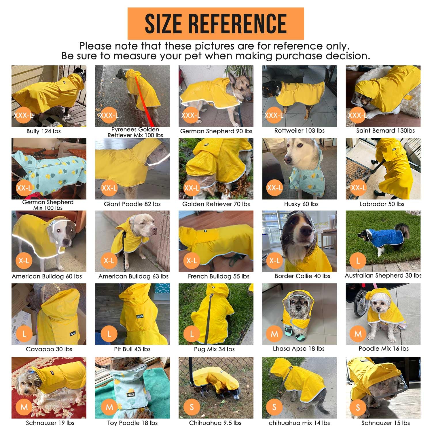 SlowTon dog raincoat size-chart highlights seven sizes for all dogs.