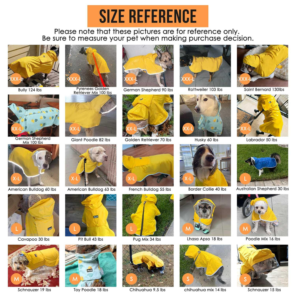 SlowTon dog raincoat sizing shows XS to XXXL for different dogs.