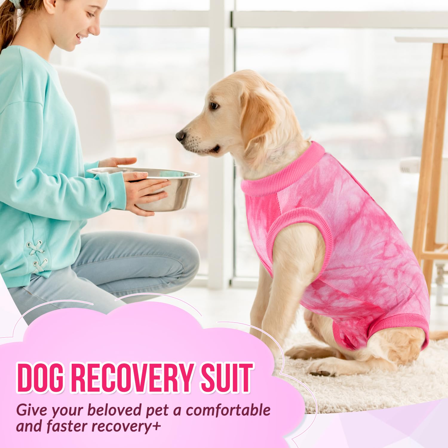 SlowTon Dog Recovery Suit pink color adds calm, gentle recovery aesthetics