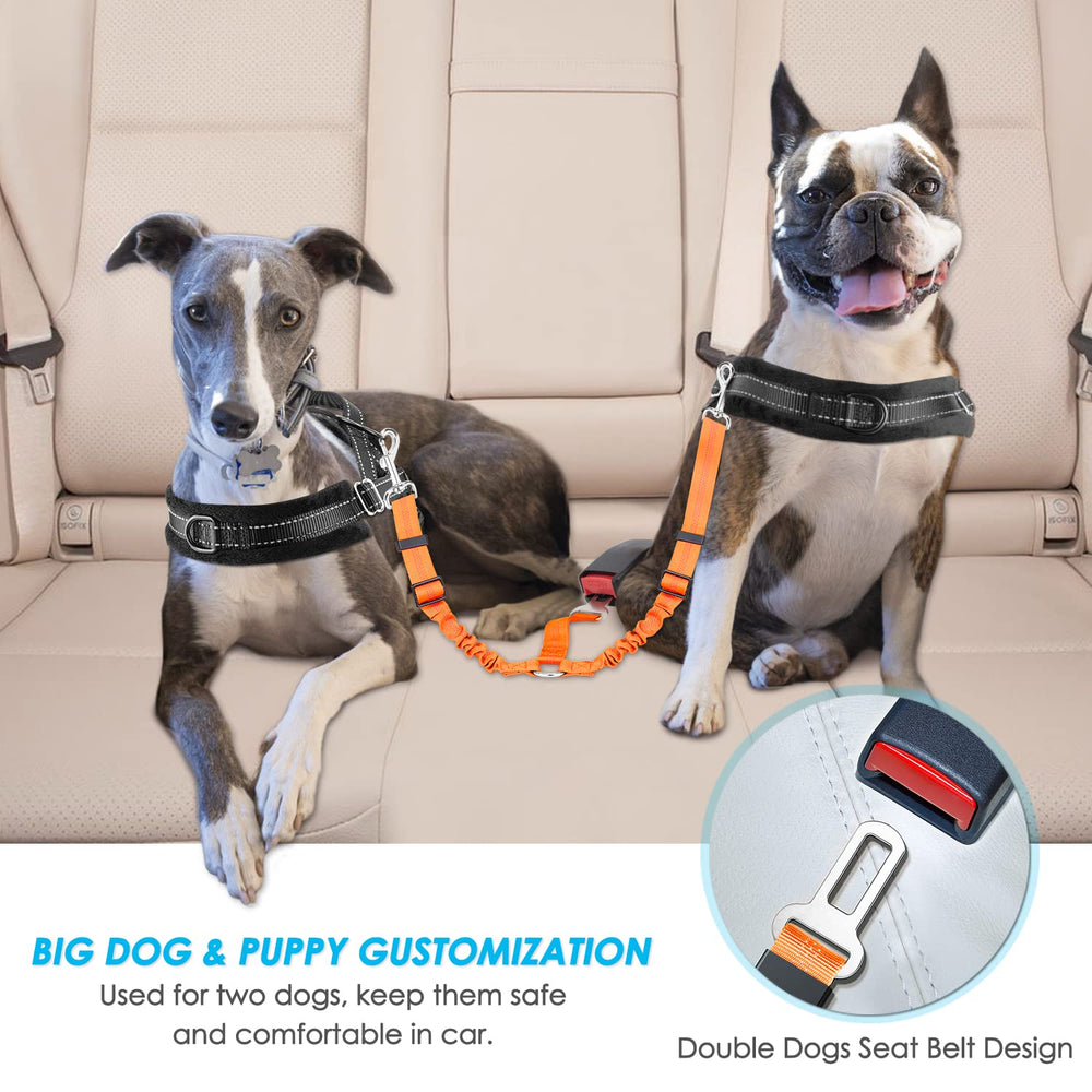SlowTon dog seatbelt elastic-bungee shows flexible length for comfortable motion.