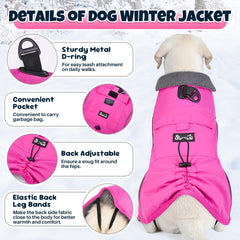 SlowTon dog winter coat secure closures at neck and belly for easy on/off.