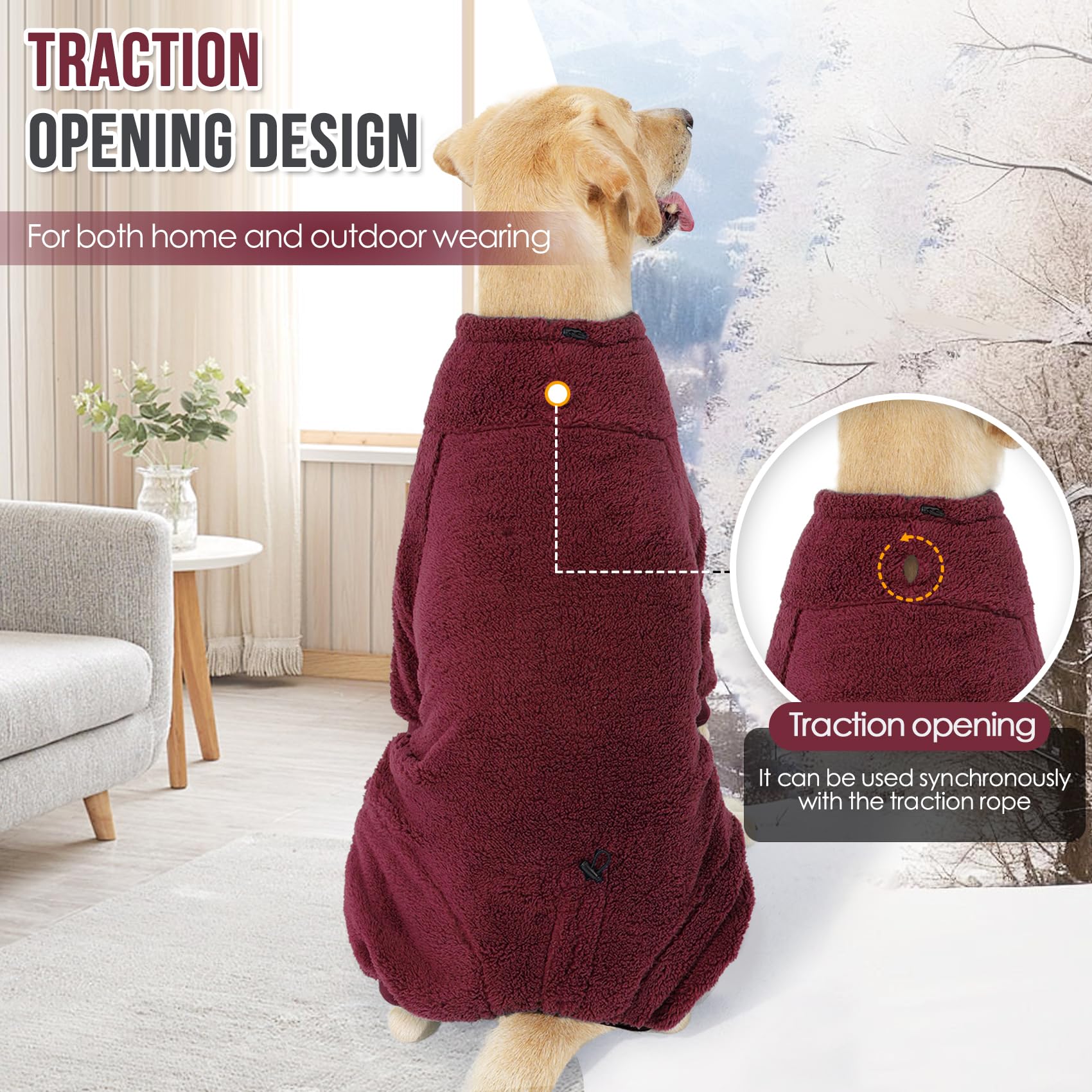 SlowTon dog winter coat traction rope hole ensures leash compatibility.