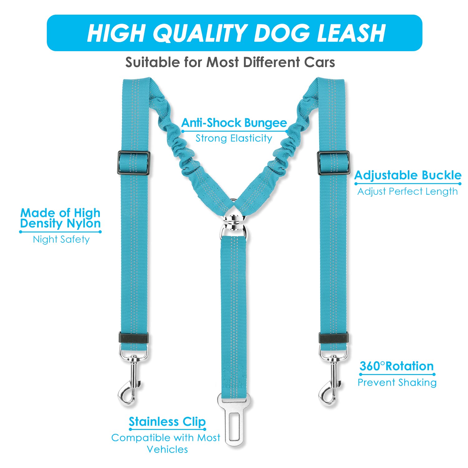 SlowTon double dog seat belt with elastic bungee design to absorb motion during stops.