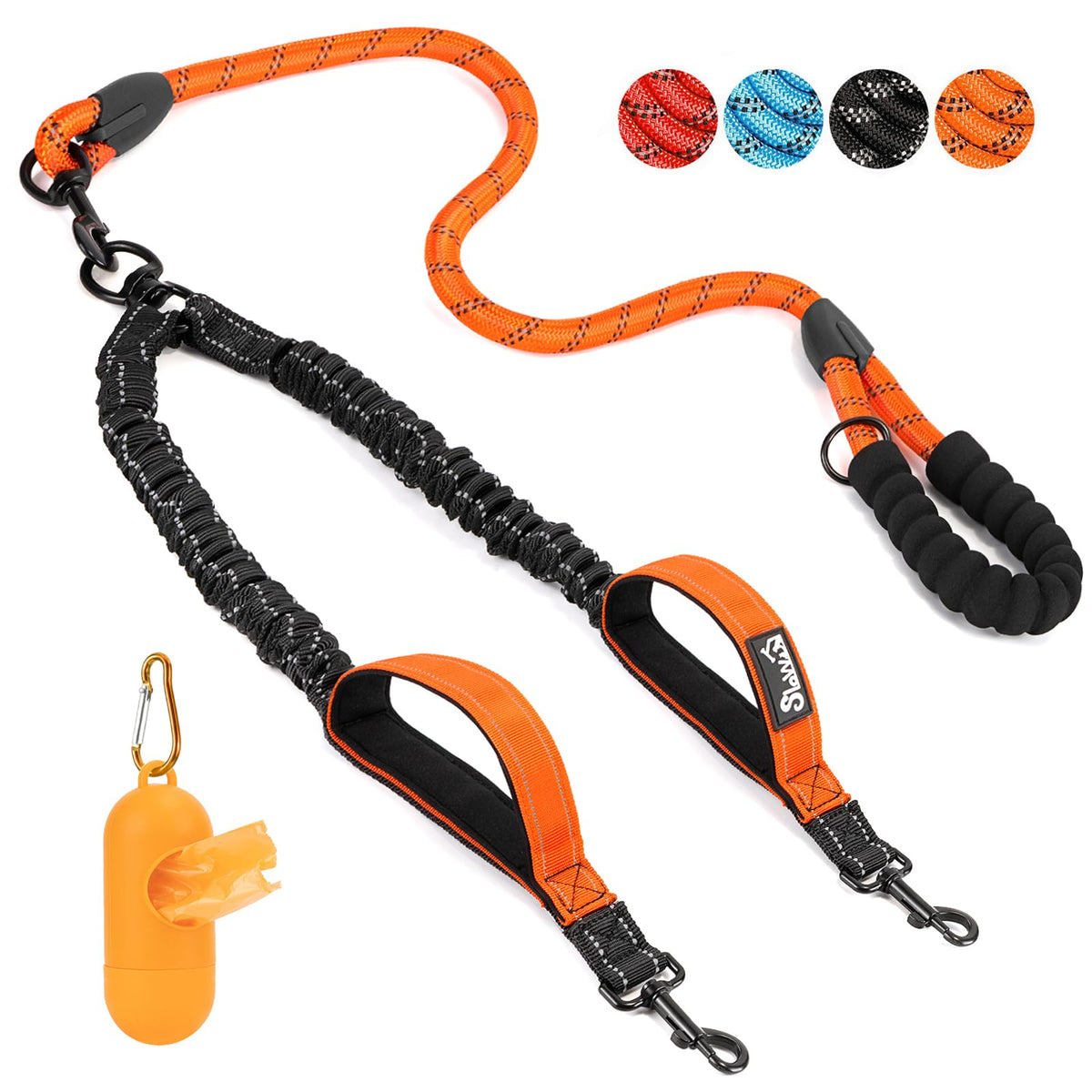 SlowTon double leash two-dogs orange main rope closeup showing tangle-free control