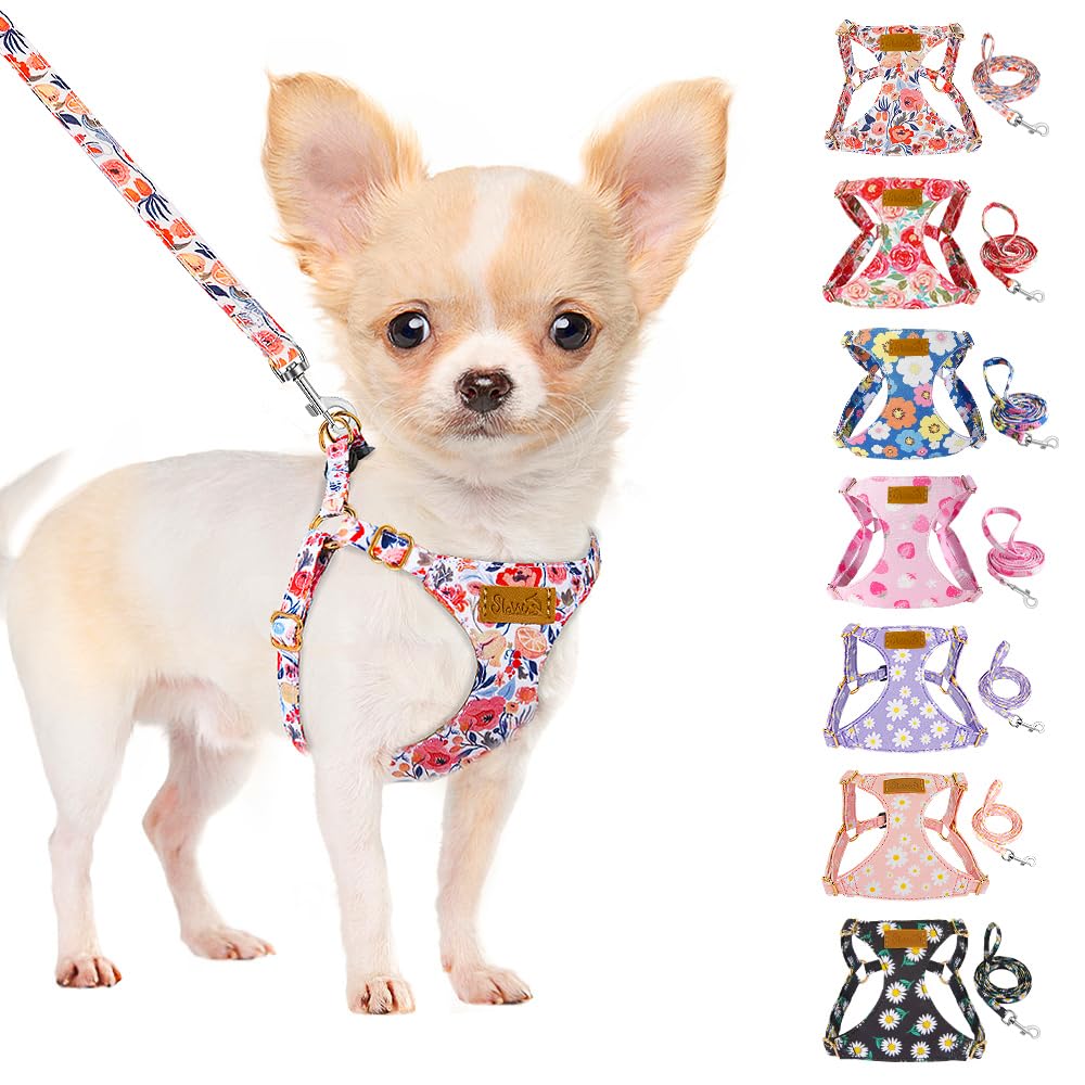 SlowTon Flower XS harness front view showing soft fabric and comfortable fit for small dogs
